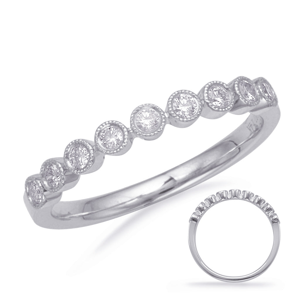 This Band is available in 14K White Gold. There are a total of 9 stones. There are Round with a total carat weight of 0.21 set in a Bezel Set setting.