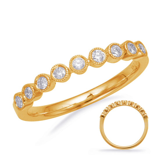 This Band is available in 14K Yellow Gold. There are a total of 9 stones. There are Round with a total carat weight of 0.21 set in a Bezel Set setting.
