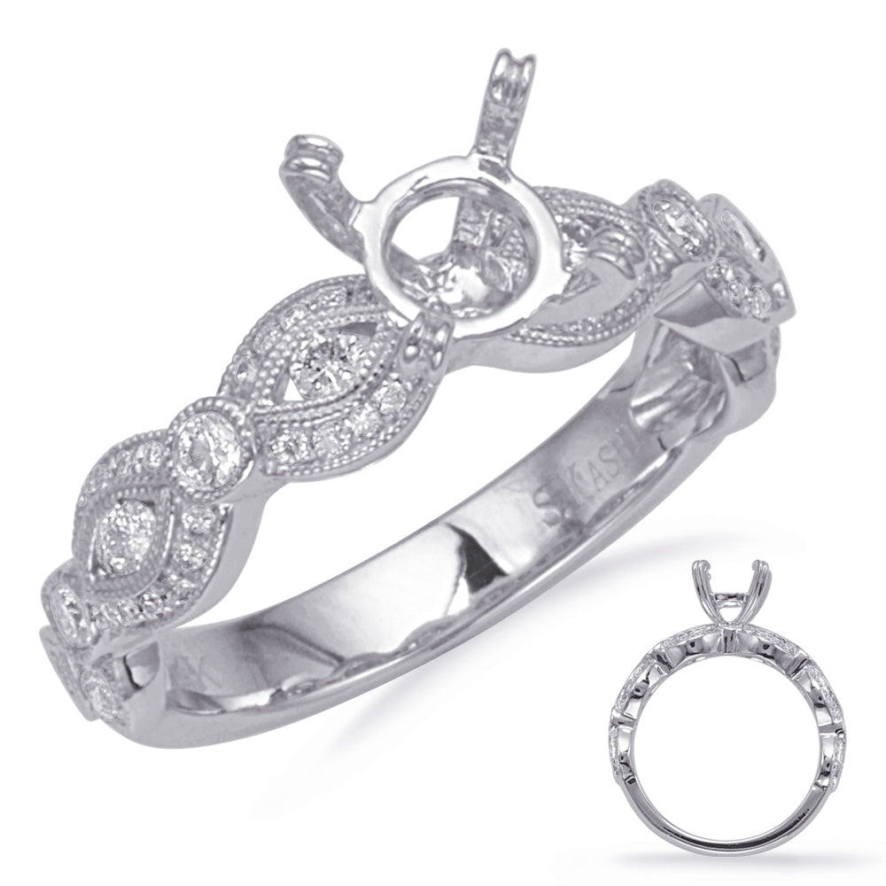 This Engagement Ring  is available in 14K White Gold. There are a total of 66 stones. There are Rounds with a total carat weight of 0.37 set in a Bezel Set|Channel Set|Micro Prong setting.