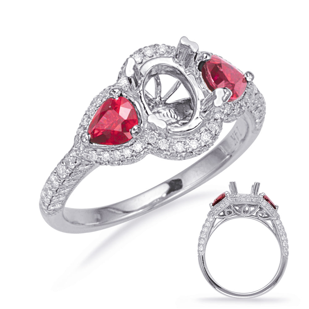 This Engagement Ring  is available in 14K White Gold. There are a total of 102 stones. There are Rounds with a total carat weight of 0.4 set in a Micro Pave|Prong Set setting.There are Ruby stones with a total carat weight of 0.46 set in a Micro Pave|Prong Set.