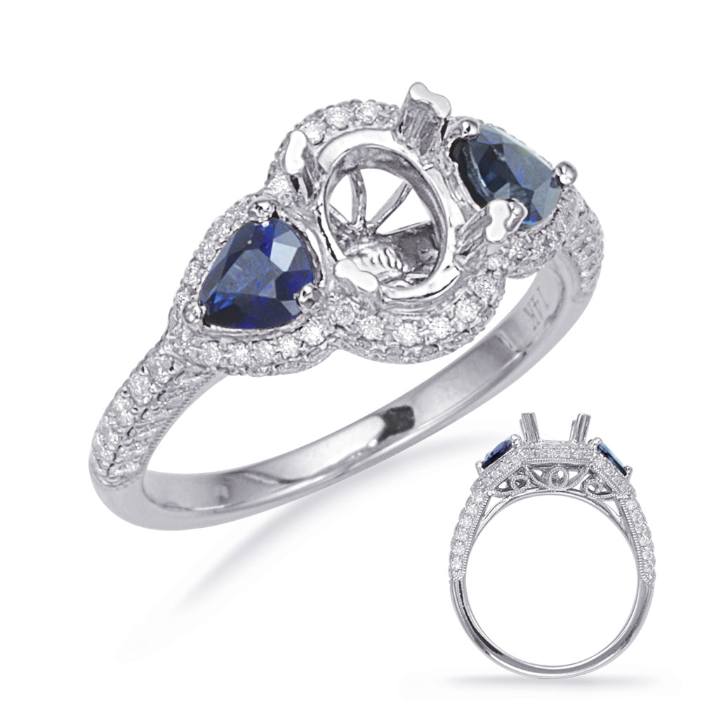 This Engagement Ring  is available in 14K White Gold. There are a total of 102 stones. There are Rounds with a total carat weight of 0.4 set in a Micro Pave|Prong Set setting.There are Sapphire stones with a total carat weight of 0.67 set in a Micro Pave|Prong Set.