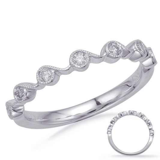 This Band is available in 14K White Gold. There are a total of 7 stones. There are Round with a total carat weight of 0.18 set in a Bezel Set setting.