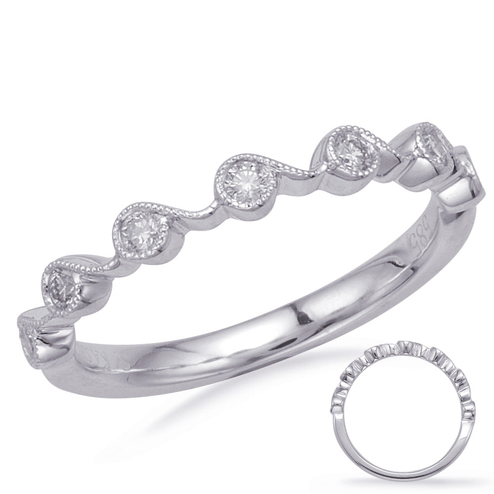 This Band is available in 14K White Gold. There are a total of 7 stones. There are Round with a total carat weight of 0.18 set in a Bezel Set setting.