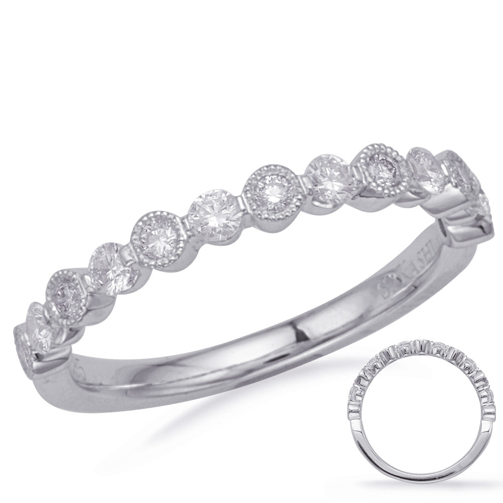 This Band is available in 14K White Gold. There are a total of 13 stones. There are Round with a total carat weight of 0.37 set in a Bezel Set|Prong Set setting.