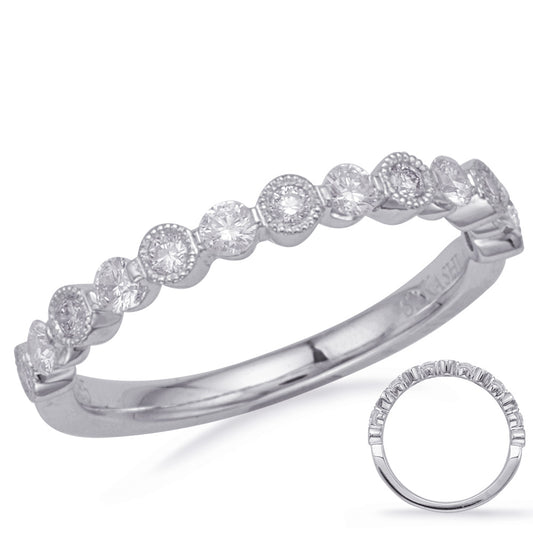 This Band is available in 14K White Gold. There are a total of 13 stones. There are Round with a total carat weight of 0.37 set in a Bezel Set|Prong Set setting.