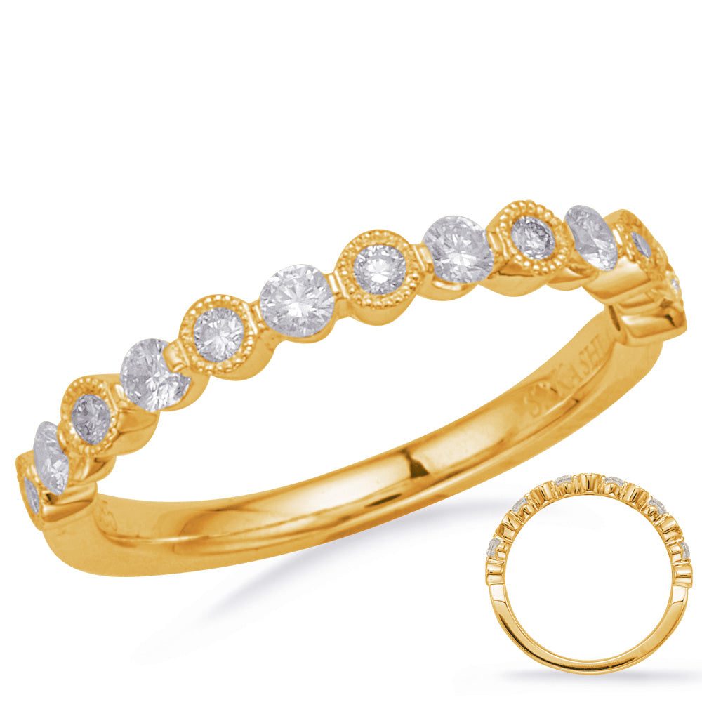 This Band is available in 14K Yellow Gold. There are a total of 13 stones. There are Round with a total carat weight of 0.37 set in a Bezel Set|Prong Set setting.