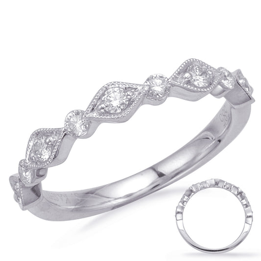 This Band is available in 14K White Gold. There are a total of 9 stones. There are Round with a total carat weight of 0.31 set in a Prong Set setting.