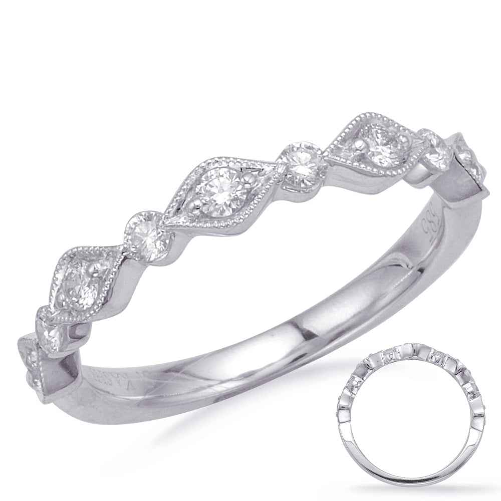 This Band is available in 14K White Gold. There are a total of 9 stones. There are Round with a total carat weight of 0.31 set in a Prong Set setting.