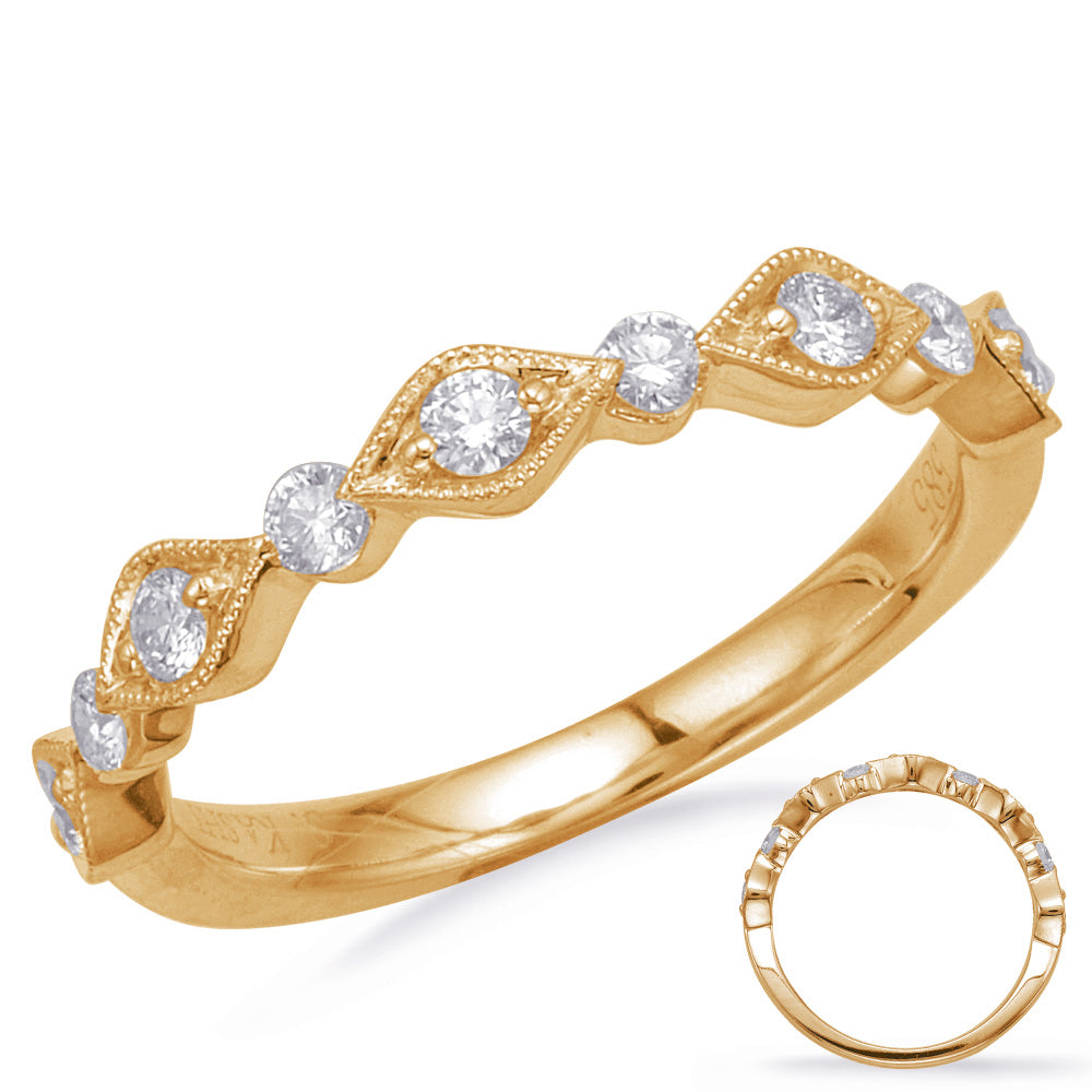This Band is available in 14K Yellow Gold. There are a total of 9 stones. There are Round with a total carat weight of 0.31 set in a Prong Set setting.
