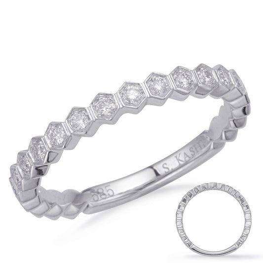 This Band is available in 14K White Gold. There are a total of 15 stones. There are Round with a total carat weight of 0.2 set in a Micro Prong setting.