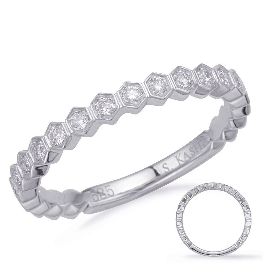 This Band is available in 14K White Gold. There are a total of 15 stones. There are Round with a total carat weight of 0.2 set in a Micro Prong setting.