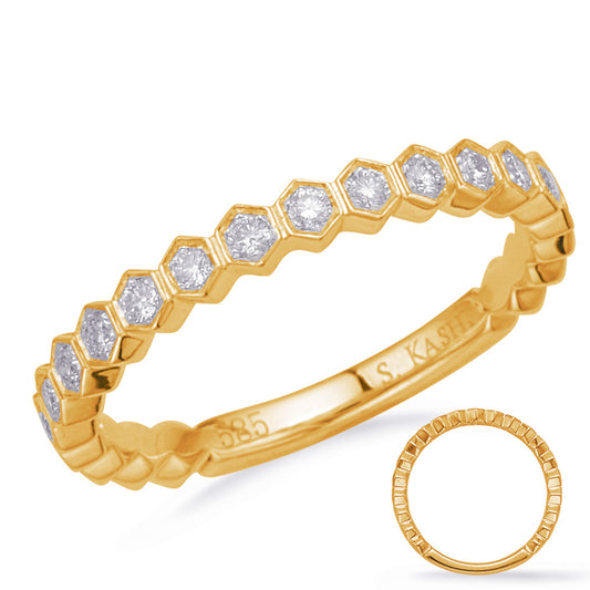 This Band is available in 14K Yellow Gold. There are a total of 15 stones. There are Round with a total carat weight of 0.2 set in a Micro Prong setting.