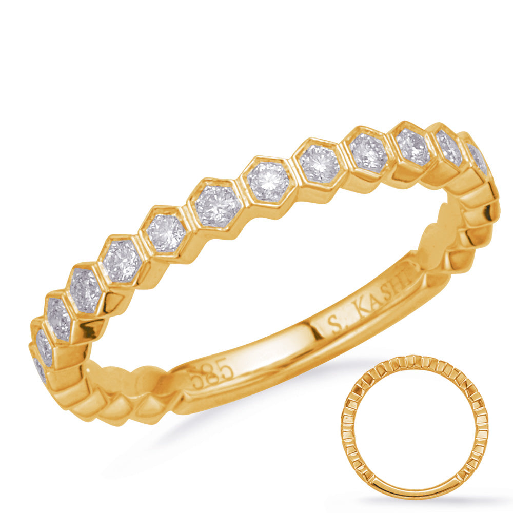 This Band is available in 14K Yellow Gold. There are a total of 15 stones. There are Round with a total carat weight of 0.2 set in a Micro Prong setting.