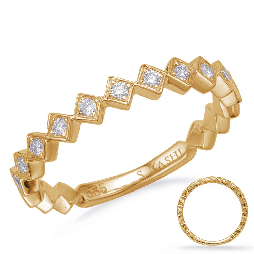 This Band is available in 14K Yellow Gold. There are a total of 11 stones. There are Round with a total carat weight of 0.14 set in a Micro Prong setting.