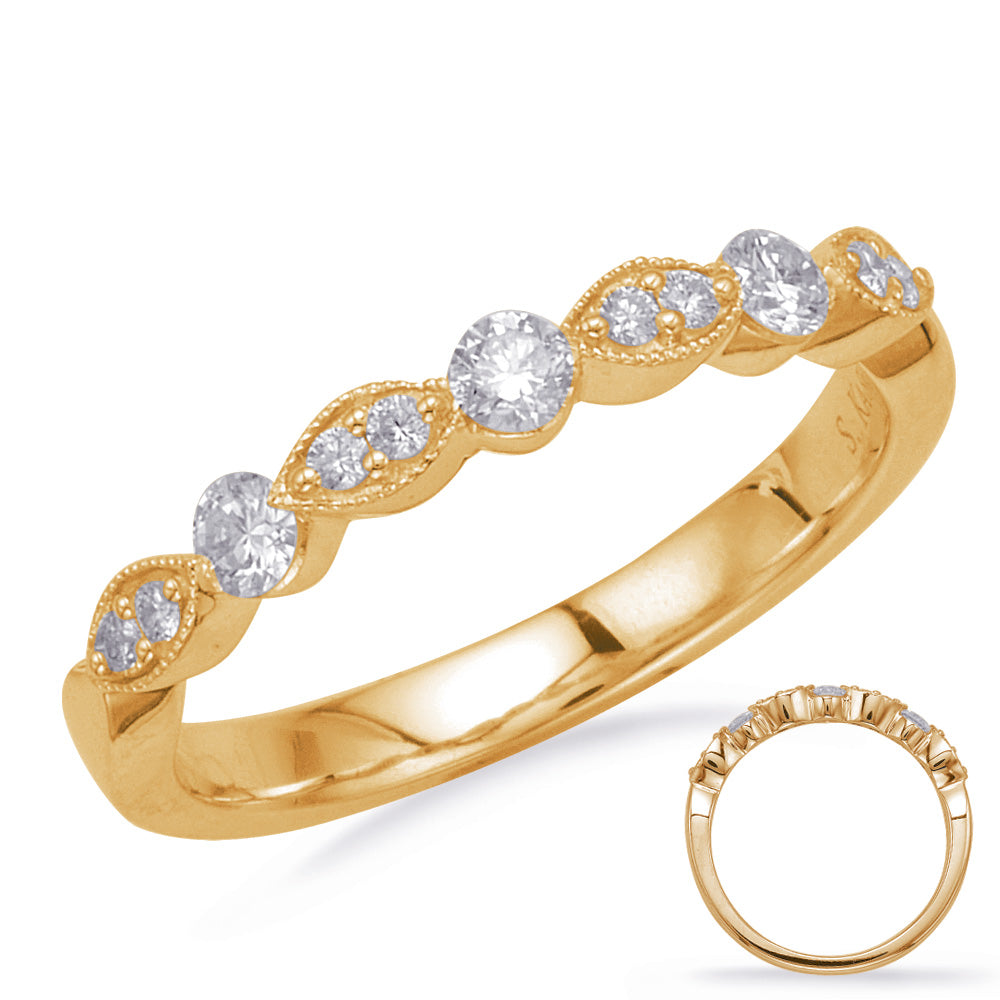 This Band is available in 14K Yellow Gold. There are a total of 11 stones. There are Round with a total carat weight of 0.26 set in a Micro Prong|Prong Set|Shared Prongs setting.