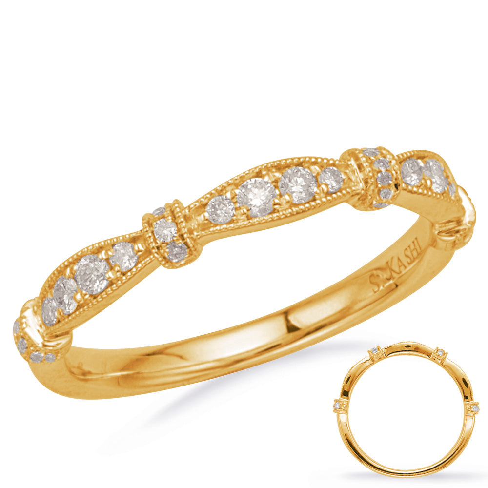 This Band is available in 14K Yellow Gold. There are a total of 24 stones. There are Round with a total carat weight of 0.2 set in a Micro Prong setting.