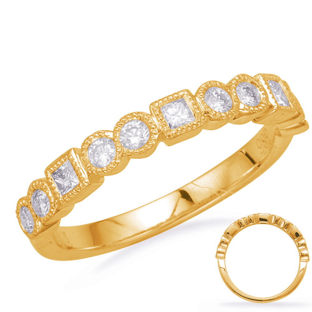 This Band is available in 14K Yellow Gold. There are a total of 11 stones. There are Princess with a total carat weight of 0.13 set in a Bezel Set setting.There are Round stones with a total carat weight of 0.23 set in a Bezel Set.