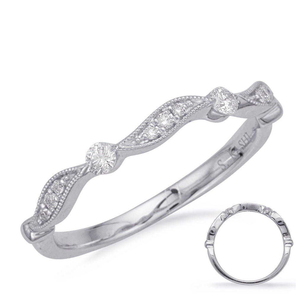 This Band is available in 14K White Gold. There are a total of 11 stones. There are Round with a total carat weight of 0.14 set in a Micro Prong|Prong Set|Shared Prongs setting.
