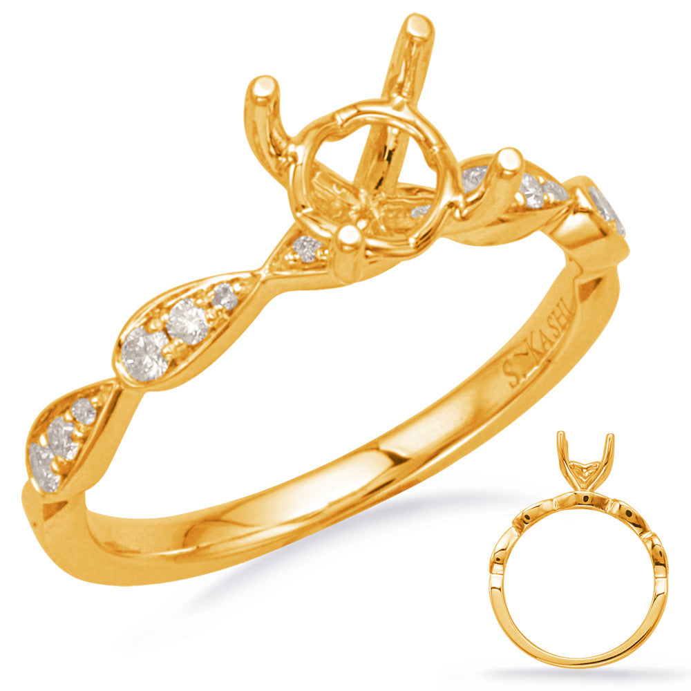 This Engagement Ring  is available in 14K Yellow Gold. There are a total of 14 stones. There are Rounds with a total carat weight of 0.15 set in a Micro Prong setting.