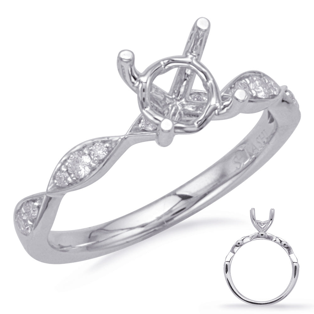 This Engagement Ring  is available in 14K White Gold. There are a total of 12 stones. There are Rounds with a total carat weight of 0.13 set in a Micro Prong setting.
