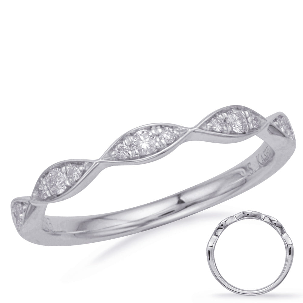 This Band is available in 14K White Gold. There are a total of 13 stones. There are Round with a total carat weight of 0.17 set in a Micro Prong setting.