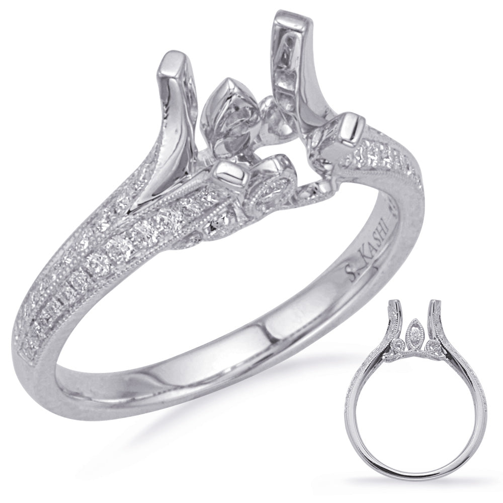 This Engagement Ring  is available in 14K White Gold. There are a total of 54 stones. There are Rounds with a total carat weight of 0.28 set in a Channel Set|Micro Prong setting.