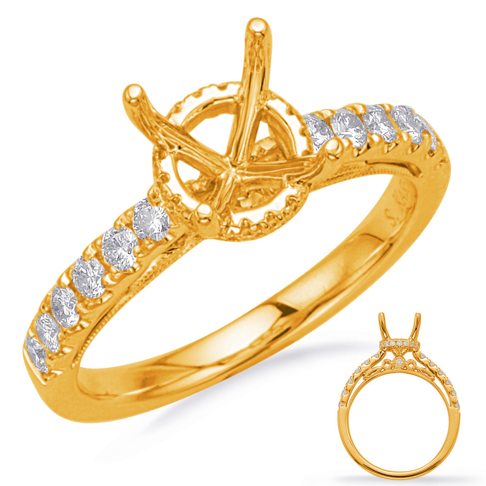 This Engagement Ring  is available in 14K Yellow Gold. There are a total of 32 stones. There are Rounds with a total carat weight of 0.5 set in a Micro Prong setting.