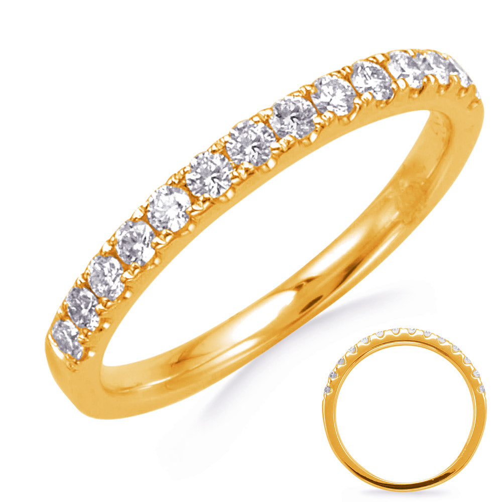 This Band is available in 14K Yellow Gold. There are a total of 14 stones. There are Round with a total carat weight of 0.35 set in a Micro Prong setting.