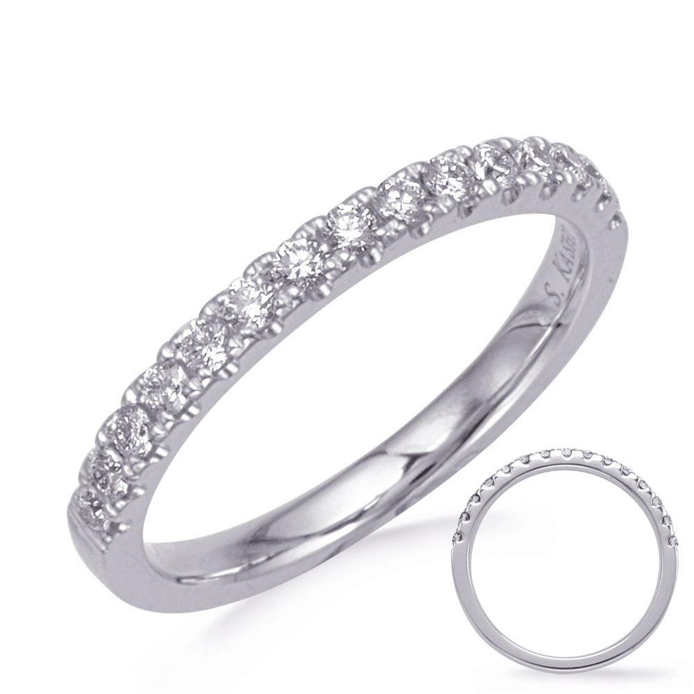 This Band is available in 14K White Gold. There are a total of 15 stones. There are Round with a total carat weight of 0.31 set in a Bezel Set|Micro Prong setting.