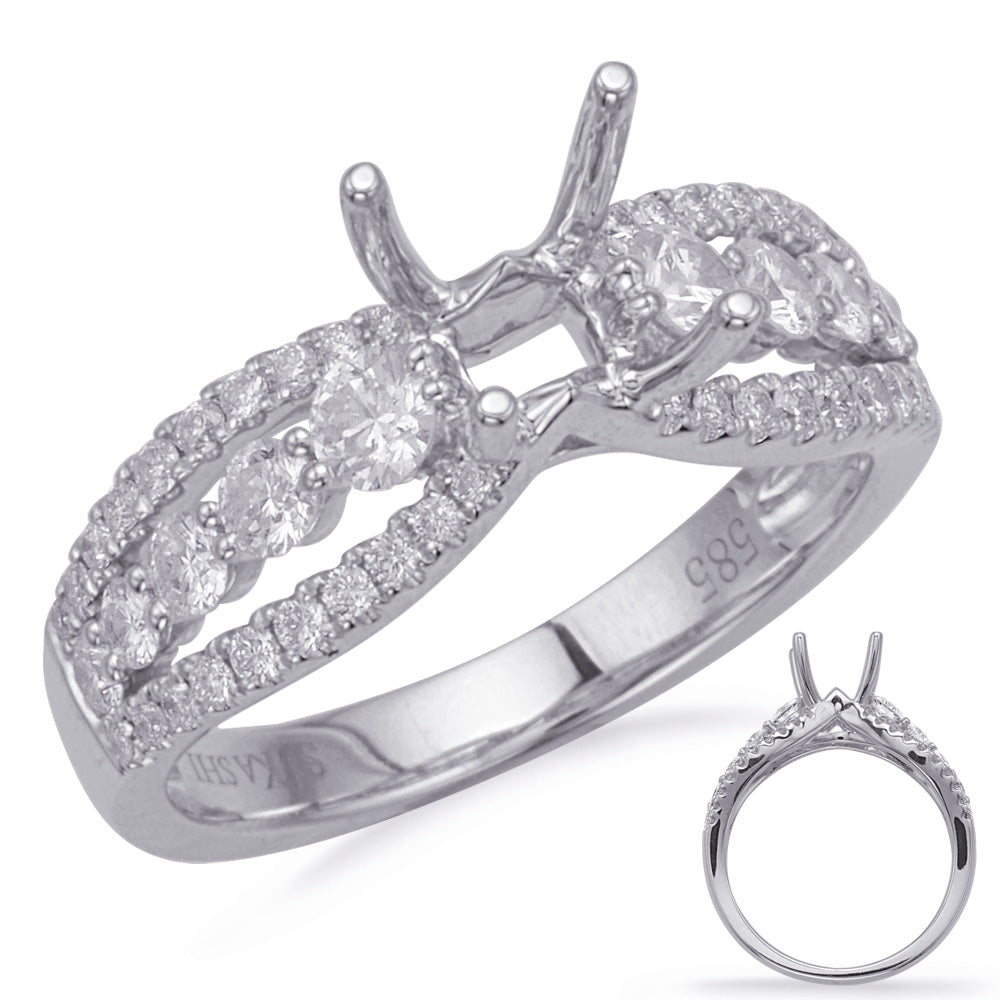 This Engagement Ring  is available in 14K White Gold. There are a total of 50 stones. There are Rounds with a total carat weight of 0.77 set in a Micro Prong|Prong Set|Shared Prongs setting.