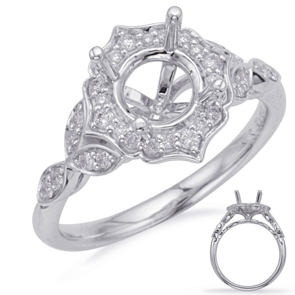 This Engagement Ring  is available in 14K White Gold. There are a total of 32 stones. There are Rounds with a total carat weight of 0.24 set in a Prong Set|Shared Prongs setting.