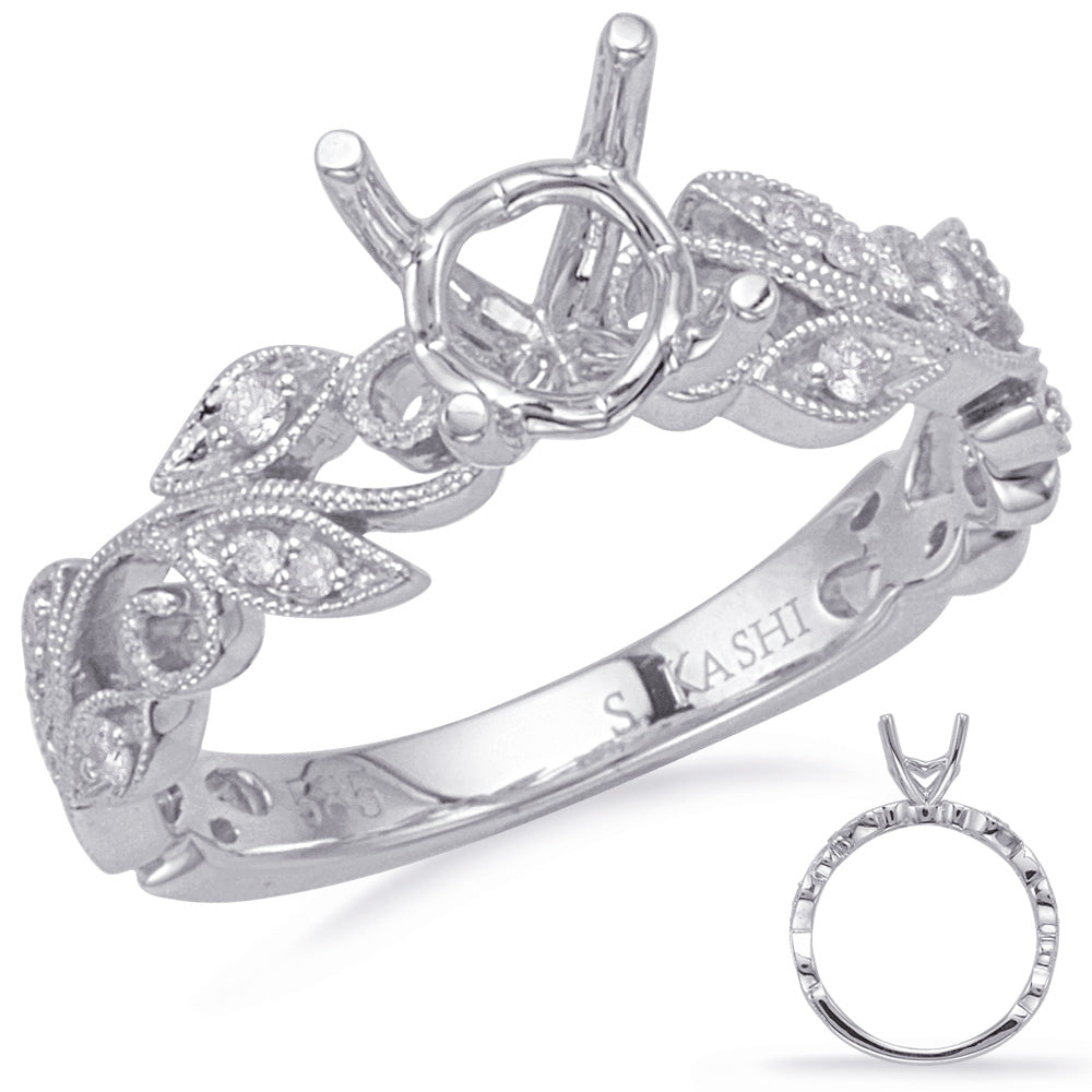 This Engagement Ring  is available in 14K White Gold. There are a total of 12 stones. There are Rounds with a total carat weight of 0.08 set in a Micro Prong|Shared Prongs setting.