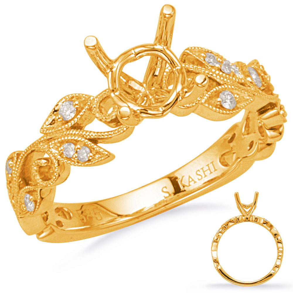 This Engagement Ring  is available in 14K Yellow Gold. There are a total of 12 stones. There are Rounds with a total carat weight of 0.08 set in a Micro Prong|Shared Prongs setting.