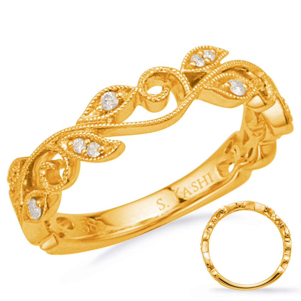 This Band is available in 14K Yellow Gold. There are a total of 12 stones. There are Round with a total carat weight of 0.08 set in a Micro Prong|Shared Prongs setting.