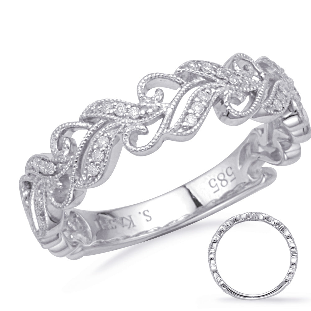 This Band is available in 14K White Gold. There are a total of 24 stones. There are Round with a total carat weight of 0.06 set in a Micro Prong|Shared Prongs setting.
