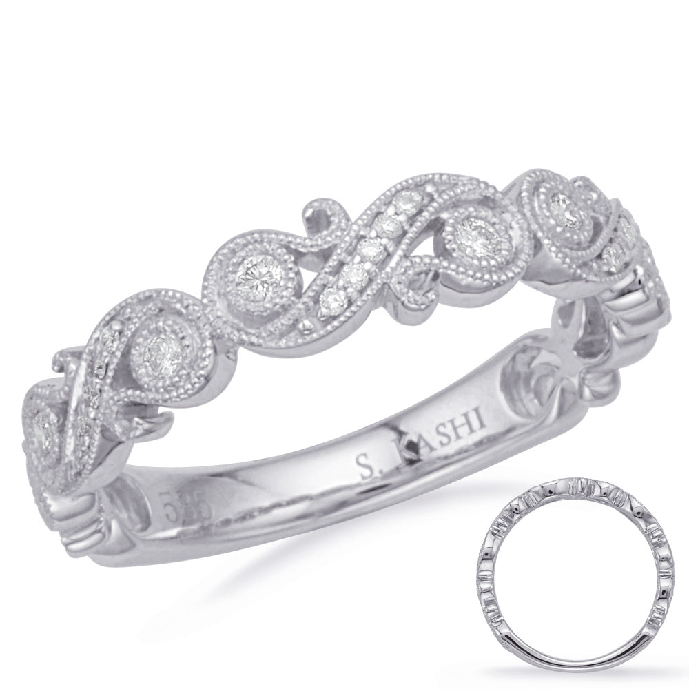 This Band is available in 14K White Gold. There are a total of 21 stones. There are Round with a total carat weight of 0.12 set in a Bezel Set|Micro Prong|Shared Prongs setting.