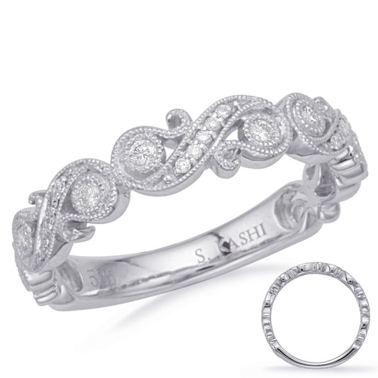 This Band is available in 14K White Gold. There are a total of 21 stones. There are Round with a total carat weight of 0.12 set in a Bezel Set|Micro Prong|Shared Prongs setting.