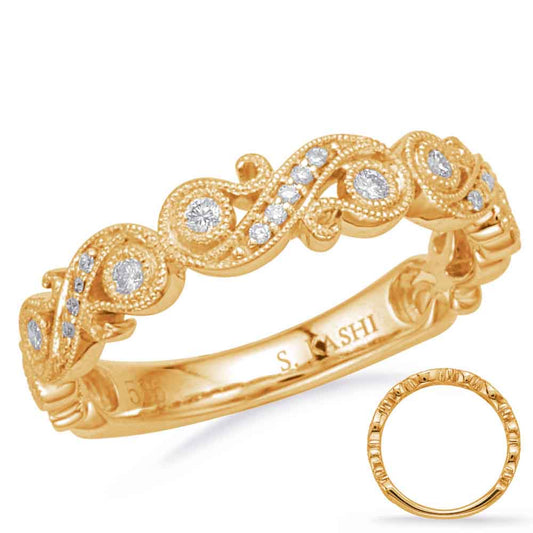 This Band is available in 14K Yellow Gold. There are a total of 21 stones. There are Round with a total carat weight of 0.12 set in a Bezel Set|Micro Prong|Shared Prongs setting.