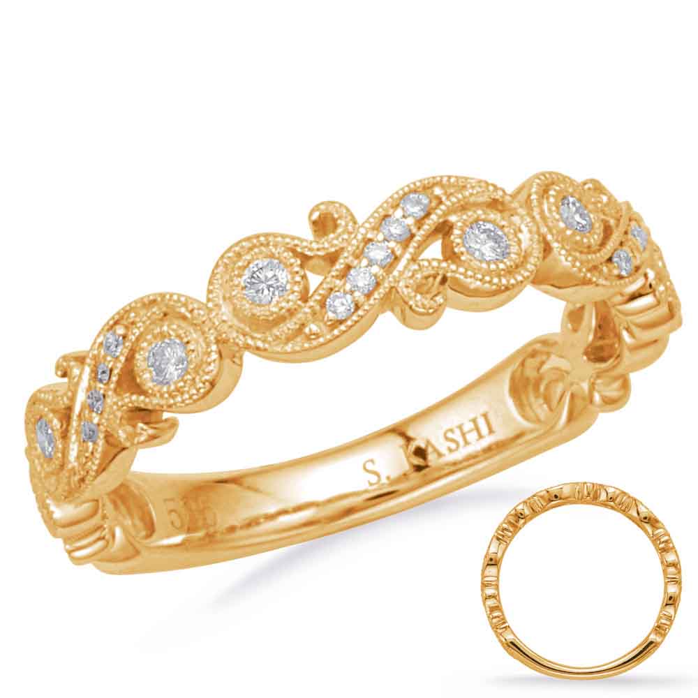 This Band is available in 14K Yellow Gold. There are a total of 21 stones. There are Round with a total carat weight of 0.12 set in a Bezel Set|Micro Prong|Shared Prongs setting.