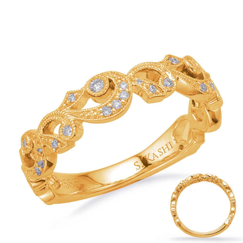 This Band is available in 14K Yellow Gold. There are a total of 24 stones. There are Round with a total carat weight of 0.12 set in a Bezel Set|Micro Prong|Shared Prongs setting.