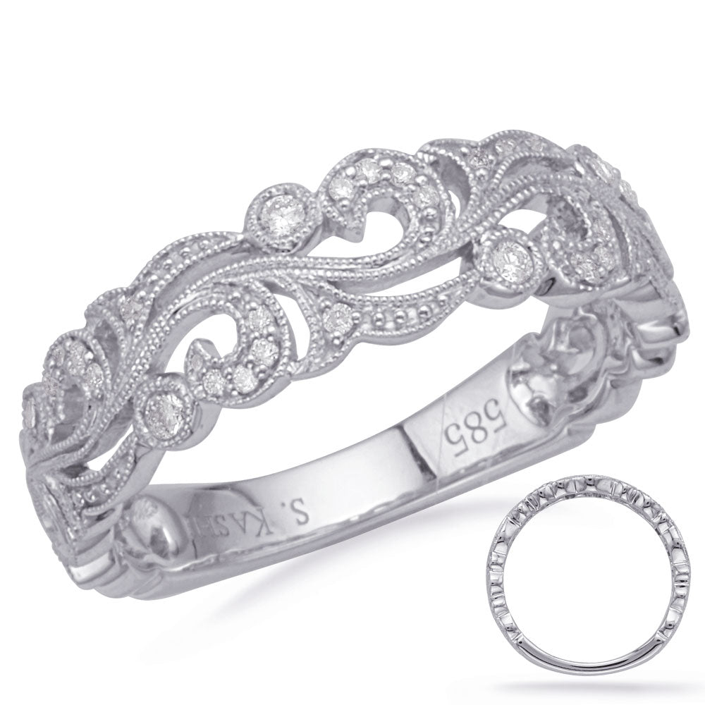 This Band is available in 14K White Gold. There are a total of 32 stones. There are Round with a total carat weight of 0.14 set in a Bezel Set|Micro Prong|Shared Prongs setting.