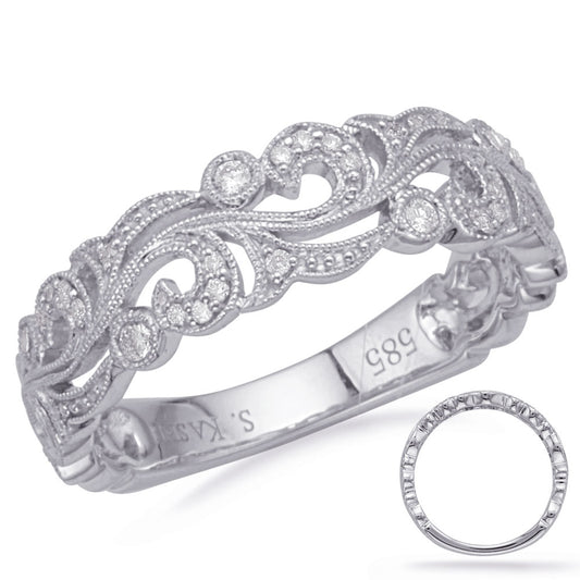 This Band is available in 14K White Gold. There are a total of 32 stones. There are Round with a total carat weight of 0.14 set in a Bezel Set|Micro Prong|Shared Prongs setting.