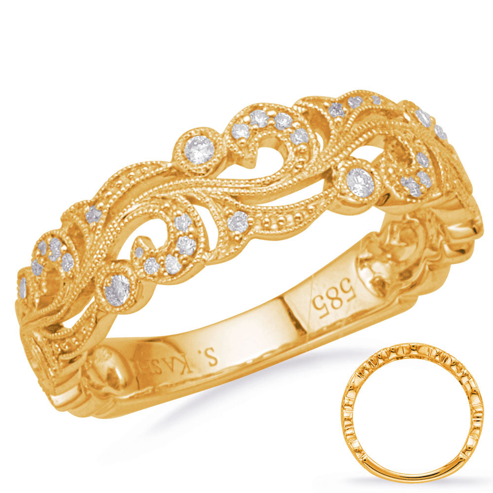 This Band is available in 14K Yellow Gold. There are a total of 32 stones. There are Round with a total carat weight of 0.14 set in a Bezel Set|Micro Prong|Shared Prongs setting.