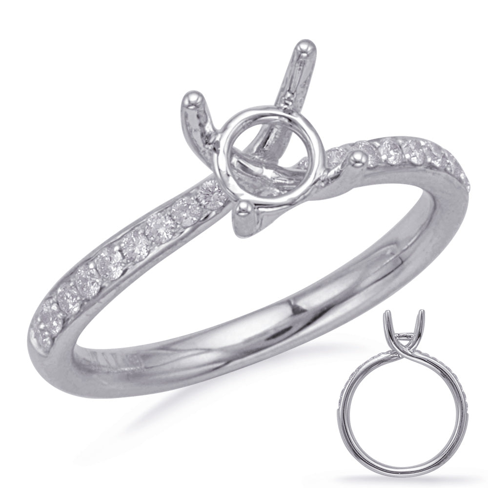 This Engagement Ring  is available in 14K White Gold. There are a total of 18 stones. There are Rounds with a total carat weight of 0.23 set in a Micro Prong setting.