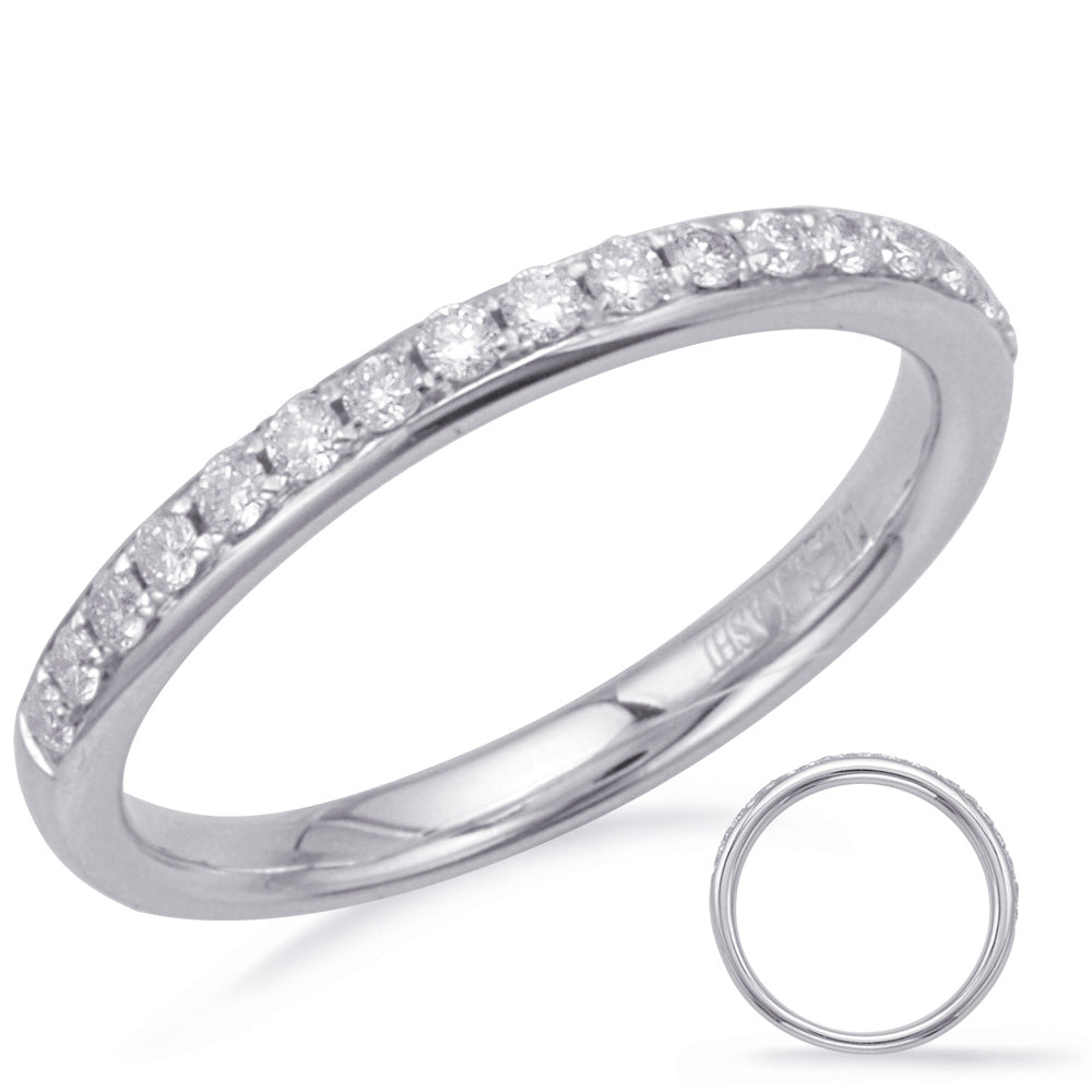 This Band is available in 14K White Gold. There are a total of 18 stones. There are Round with a total carat weight of 0.28 set in a Micro Prong setting.