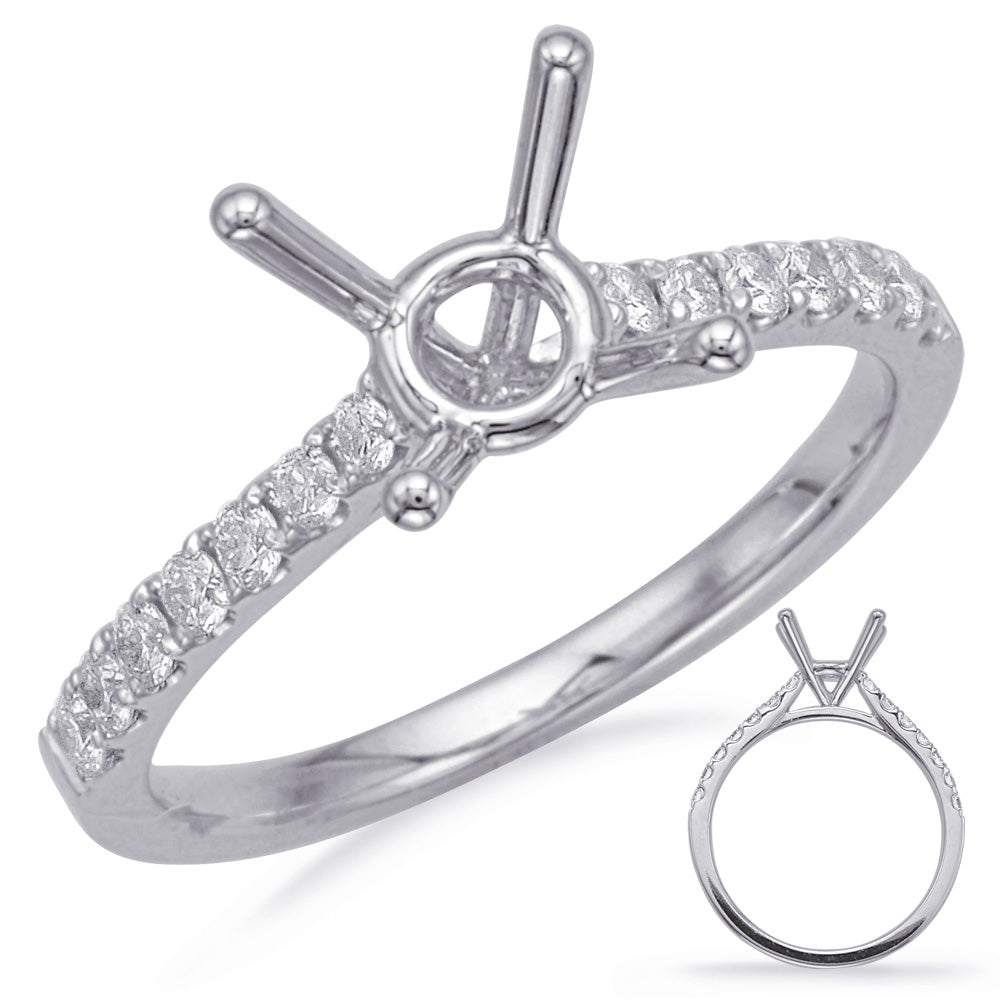 This Engagement Ring  is available in 14K White Gold. There are a total of 14 stones. There are Rounds with a total carat weight of 0.45 set in a Micro Prong setting.