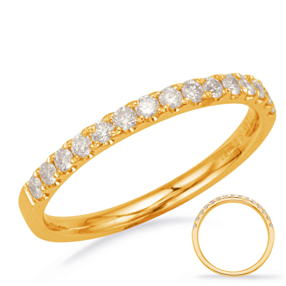 This Band is available in 14K Yellow Gold. There are a total of 15 stones. There are Round with a total carat weight of 0.31 set in a Micro Prong setting.