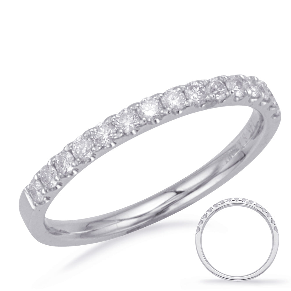 This Band is available in 14K White Gold. There are a total of 14 stones. There are Round with a total carat weight of 0.29 set in a Micro Prong setting.