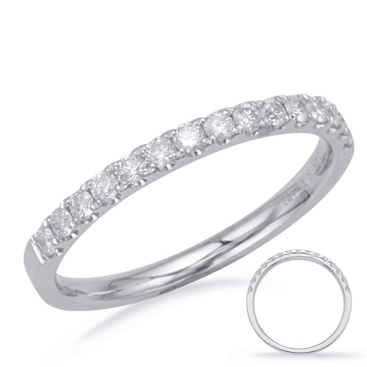 This Band is available in 14K White Gold. There are a total of 14 stones. There are Round with a total carat weight of 0.29 set in a Micro Prong setting.