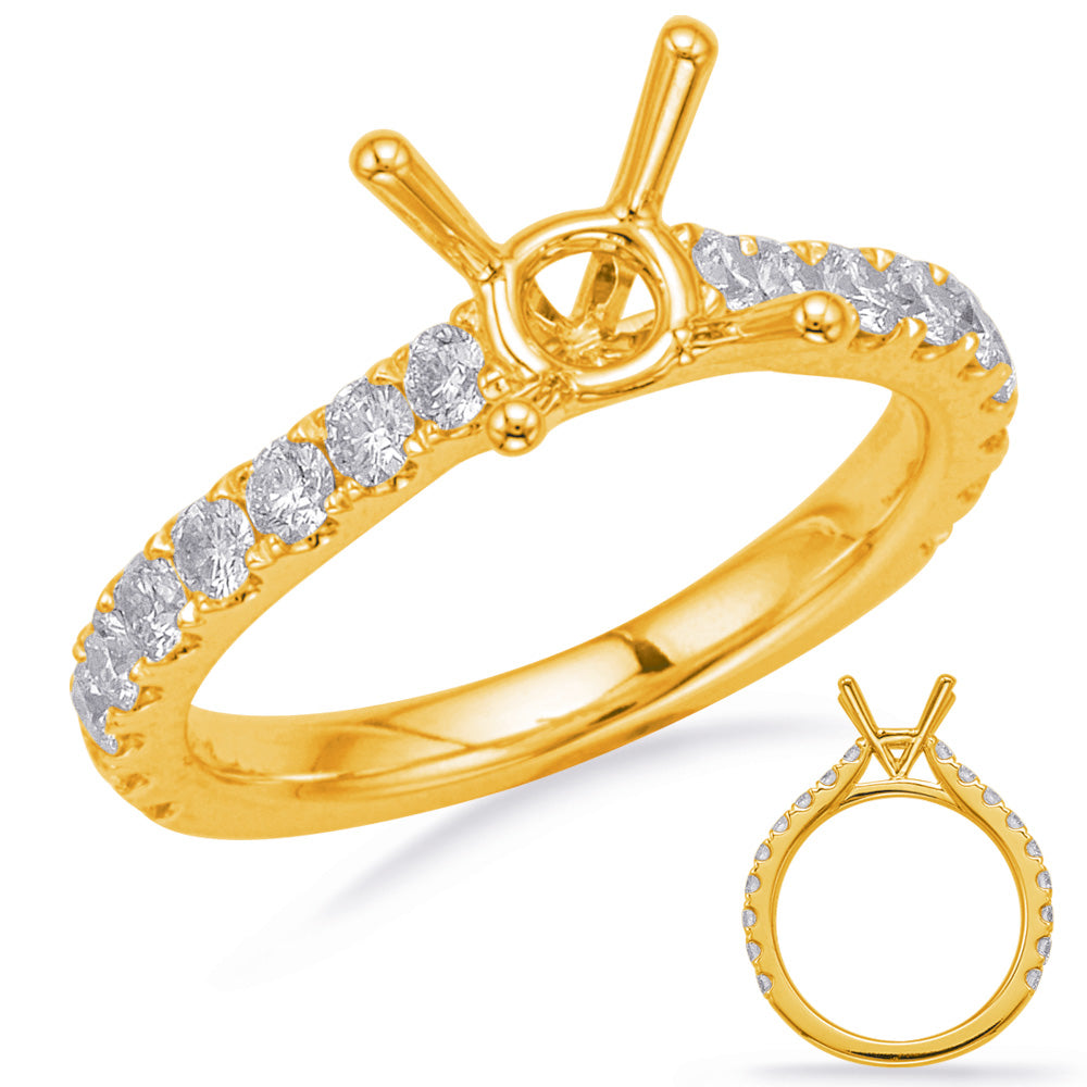 This Engagement Ring  is available in 14K Yellow Gold. There are a total of 18 stones. There are Rounds with a total carat weight of 0.85 set in a Micro Prong setting.